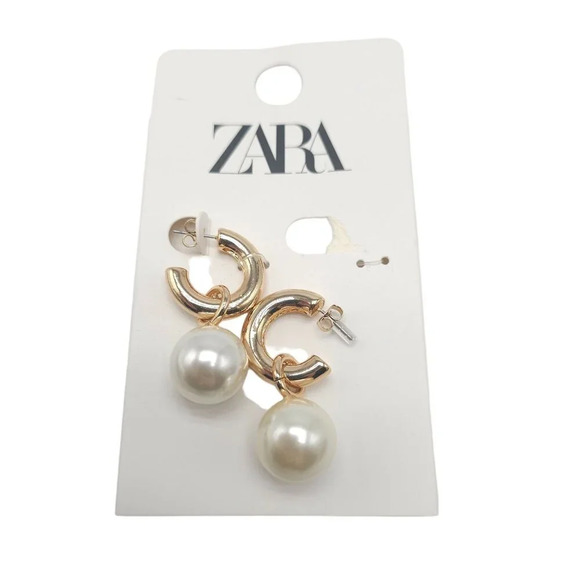 Zara Gold-Tone Hoop Earrings With Faux Pearl Drops Packaging Issues - Picture 1 of 4